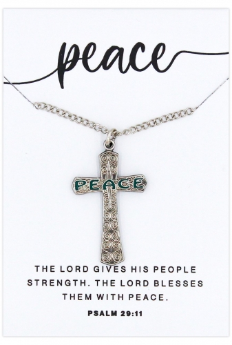PEACE Large Decorated Cross, Silver - Psalm 29:11