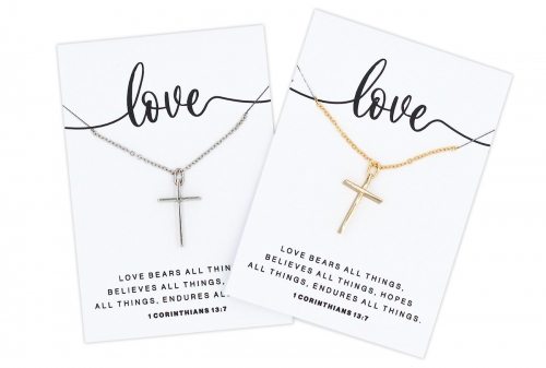 LOVE 3D Cross Necklace, Gold - 1 Corinthians 13:7