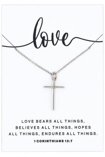 LOVE 3D Cross Necklace, Silver - 1 Corinthians 13:7