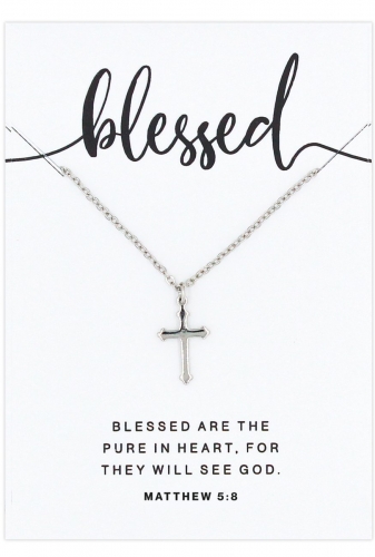 BLESSED Small Cross Necklace, Silver - Matthew 5:8